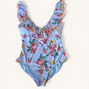Jessica Simpson Light Blue Floral Ruffle One-Piece Swimsuit